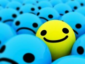 An image of a bunch of smiley being blue and sad, with one yellow happy one mixed in.