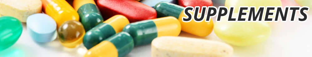 Pills in a lot of different colors and shapes with a text overlay saying: Supplements