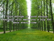 An avenue of trees with a quote: “Good enough is good enough. Perfect will make you a big fat mess every time.”