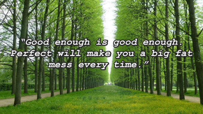 An avenue of trees with a quote: “Good enough is good enough. Perfect will make you a big fat mess every time.”
